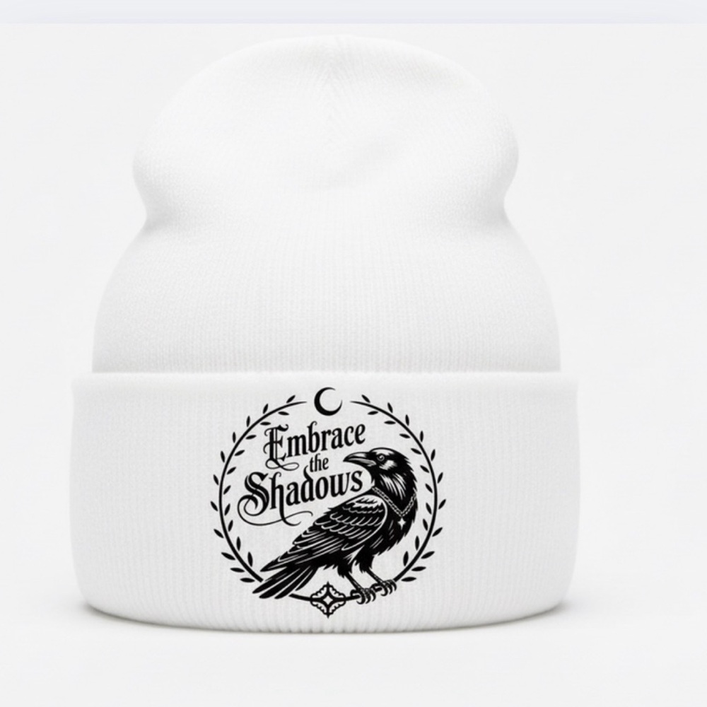 Embrace the Shadows White Beanie with Raven Design